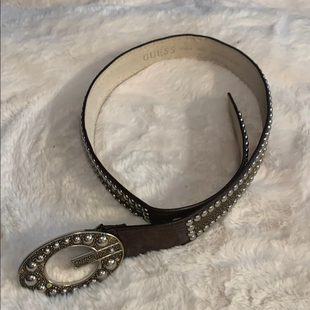 GUESS Brown Leather Studded Belt & Buckle Small